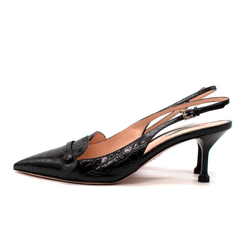 Prada Black Leather Croc Embossed Slingback Sandals - US 8.5 In Excellent Condition In London, GB
