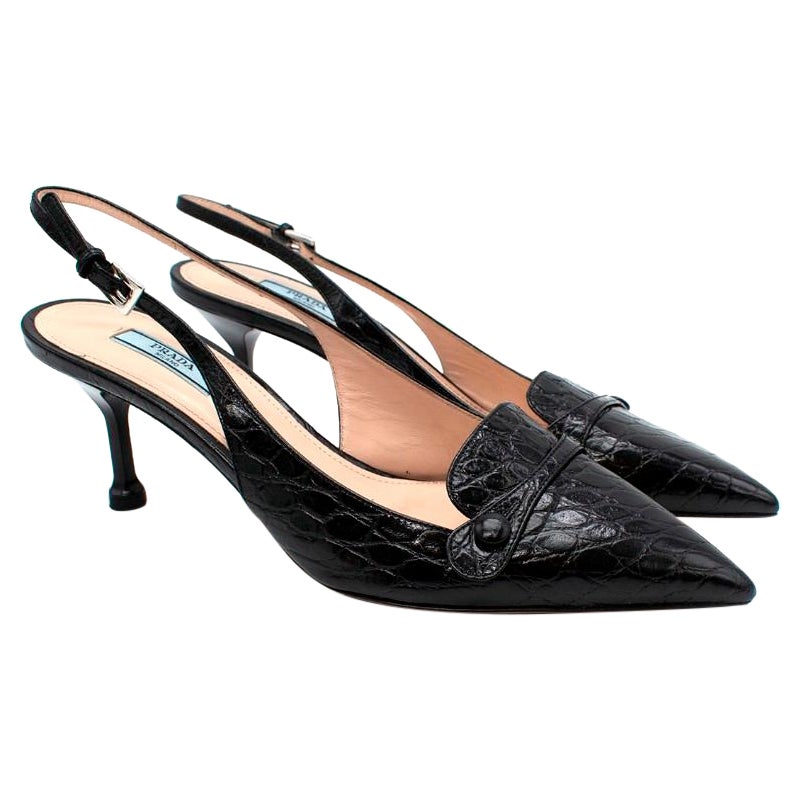 Prada Schwarzes Leder Croc geprägte Slingback Sandalen - US 8.5