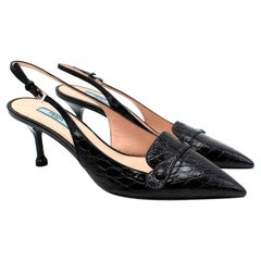 Prada Black Leather Croc Embossed Slingback Sandals - US 8.5