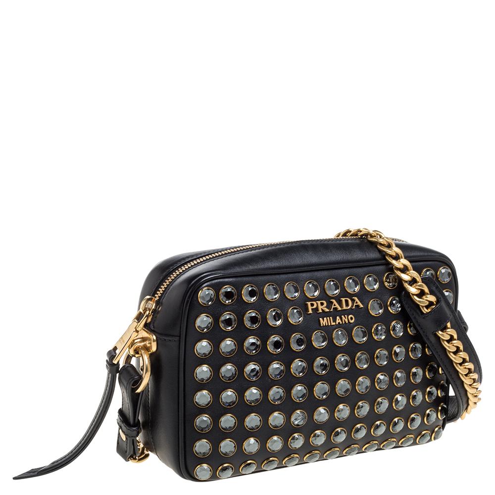 Prada Black Leather Crystal Embellished Crossbody Bag In Good Condition In Dubai, Al Qouz 2