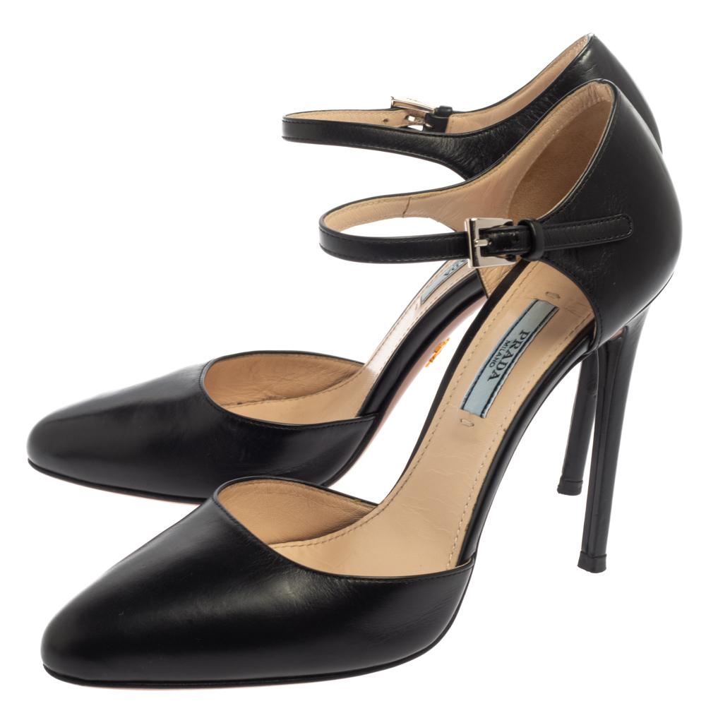 Prada Black Leather D'orsay Ankle Strap Pumps Size 37.5 2