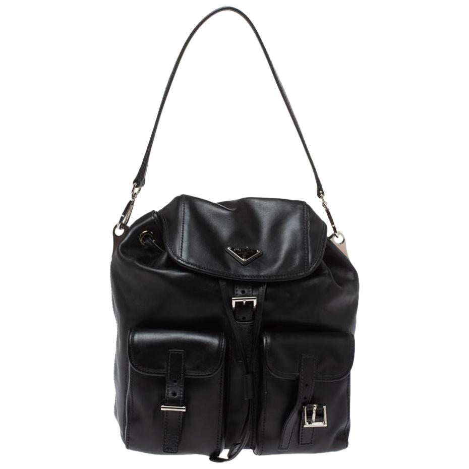 Prada Black Leather Double Pocket Shoulder Bag
