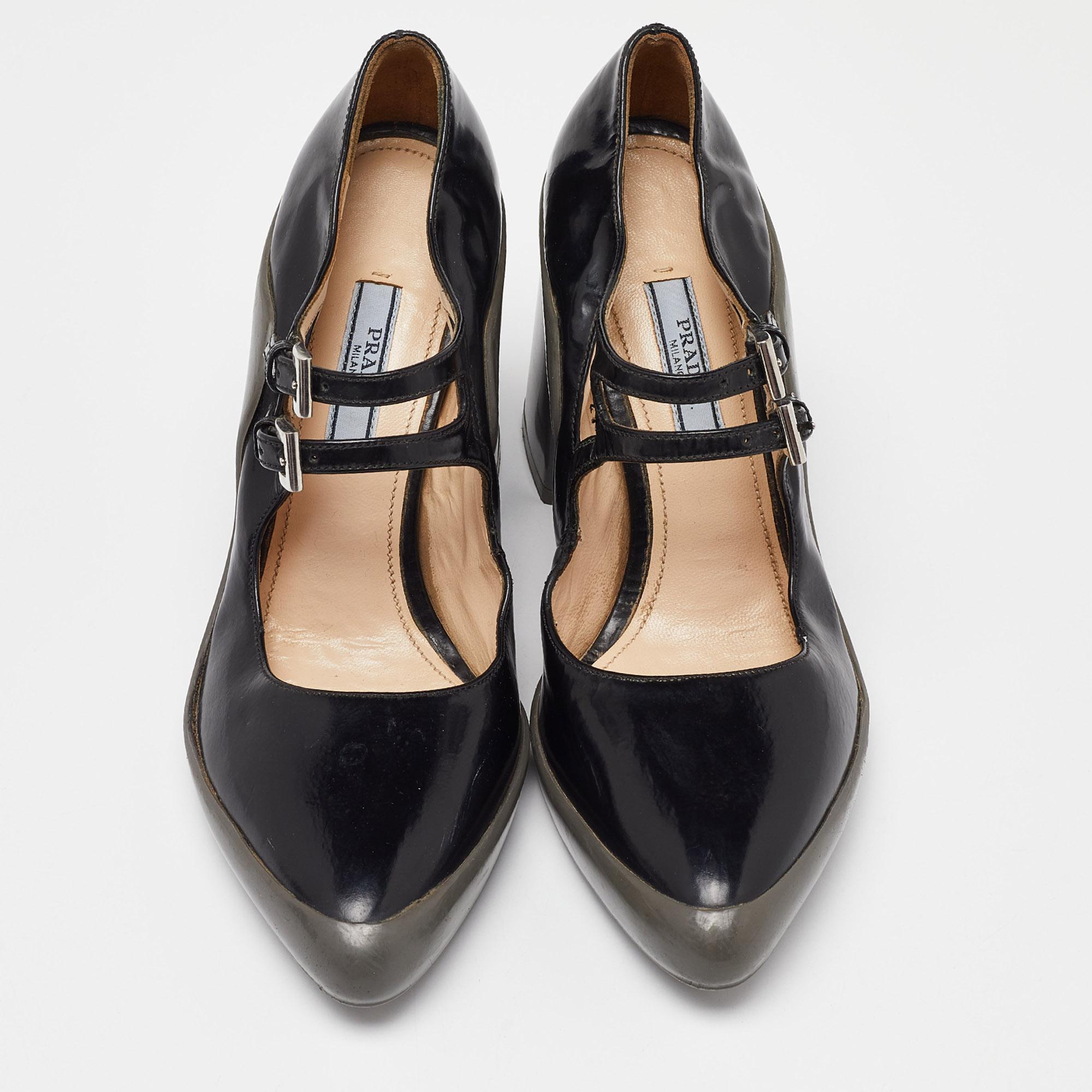 Prada Black Leather Double Strap Mary Jane Pumps Size 37 In Good Condition In Dubai, Al Qouz 2