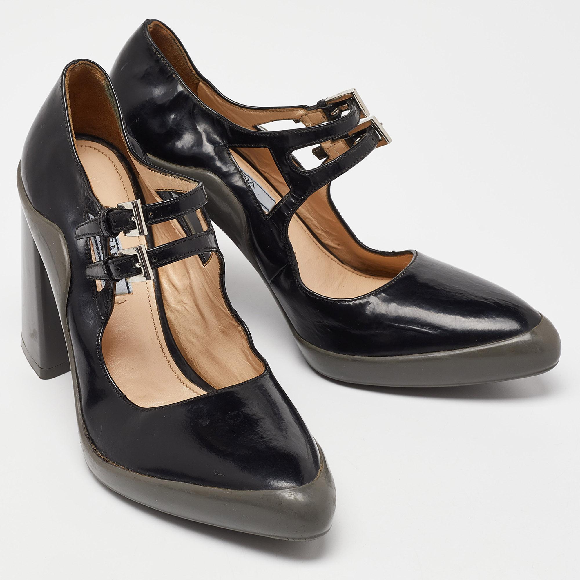 Women's Prada Black Leather Double Strap Mary Jane Pumps Size 37