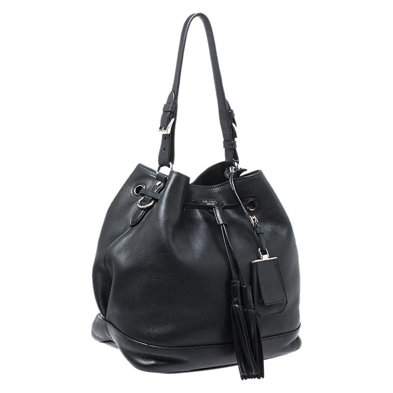 Women's Prada Black Leather Drawstring Bucket Bag