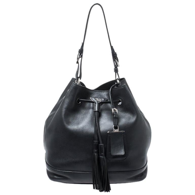 Prada Black Leather Drawstring Bucket Bag