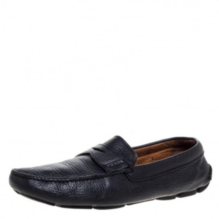 Men's Prada Black Leather Driver Penny Slip On Loafers Size 42 For Sale