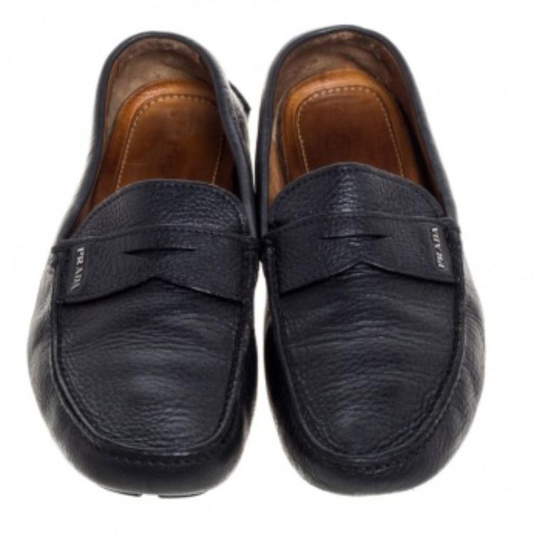 Prada Black Leather Driver Penny Slip On Loafers Size 42 For Sale 1