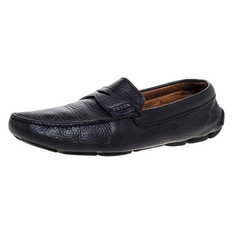 Prada Black Leather Driver Penny Slip On Loafers Size 42 For Sale