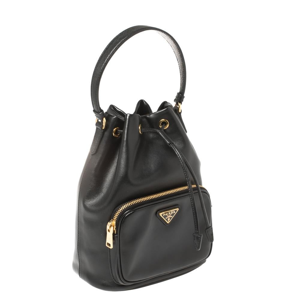 Women's Prada Black Leather Duet Bucket Shoulder Bag