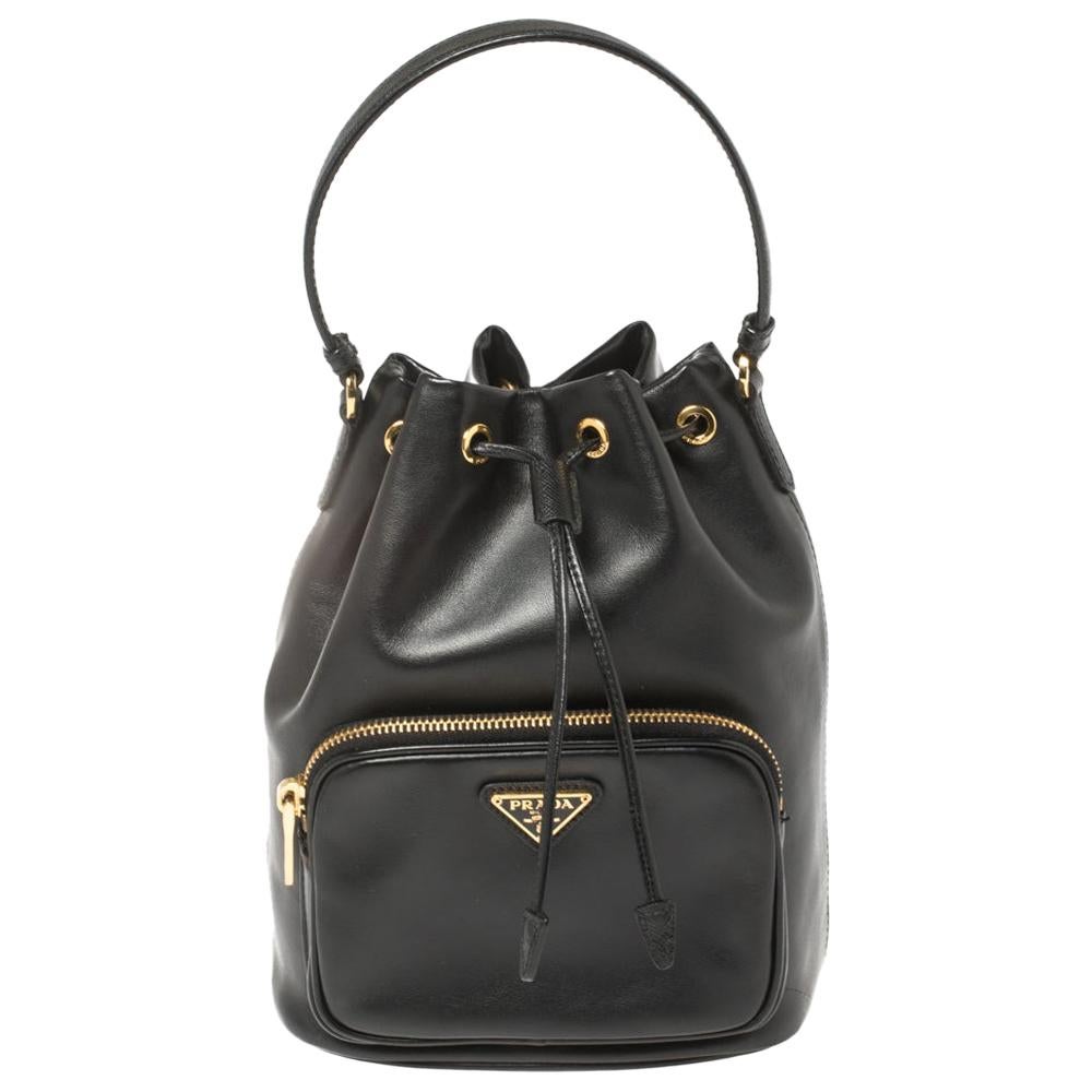Prada Black Leather Duet Bucket Shoulder Bag