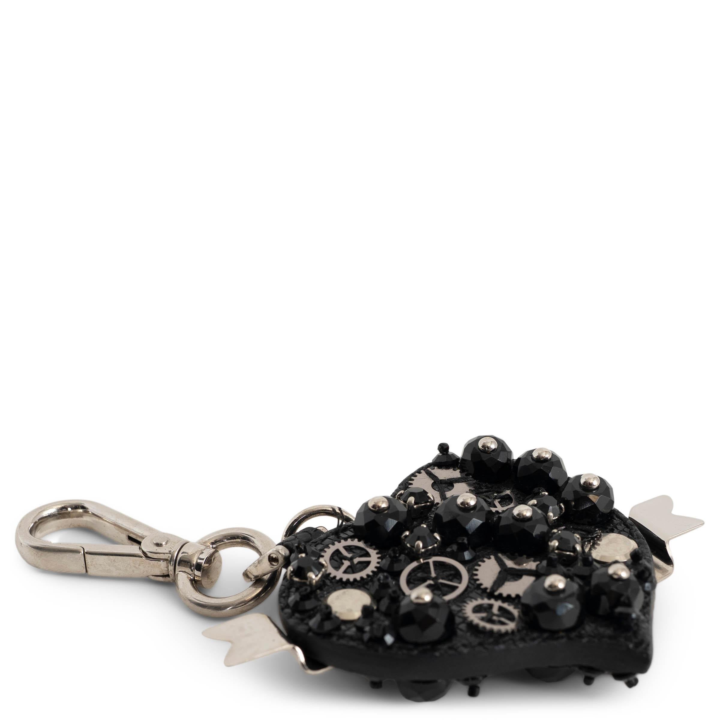 PRADA black leather EMBELLISHED HEART Keyring Bag Charm For Sale