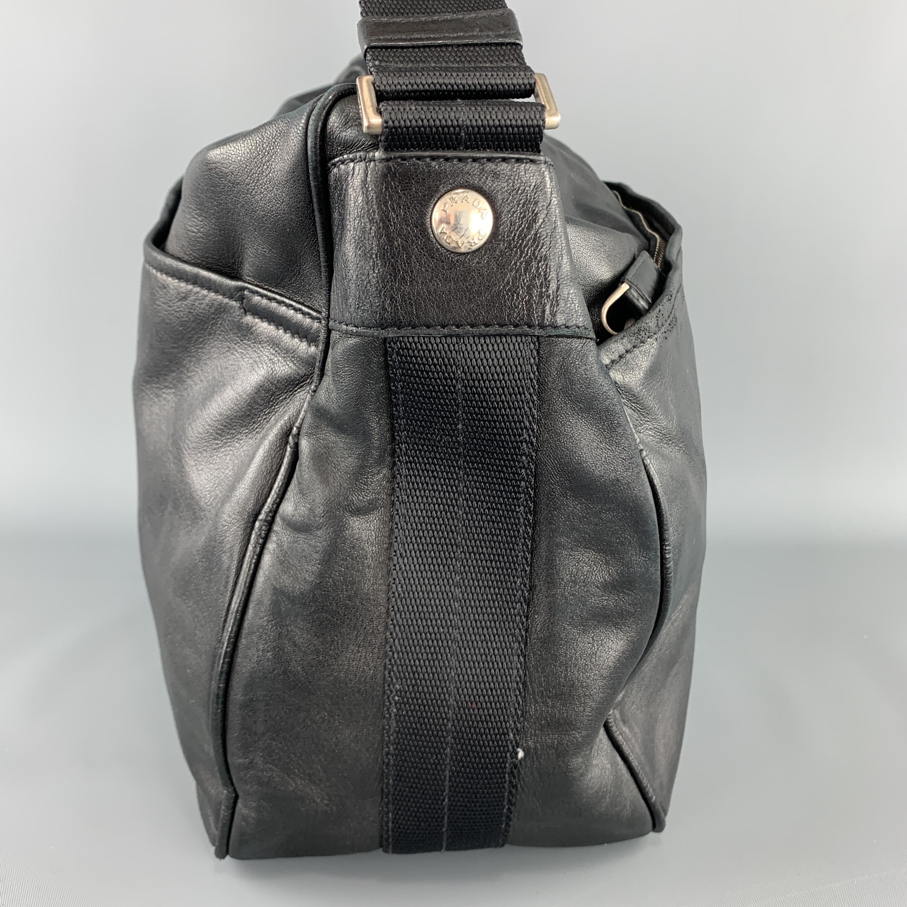 Men's PRADA Black Leather Enamel Logo Crossbody Messenger Bag
