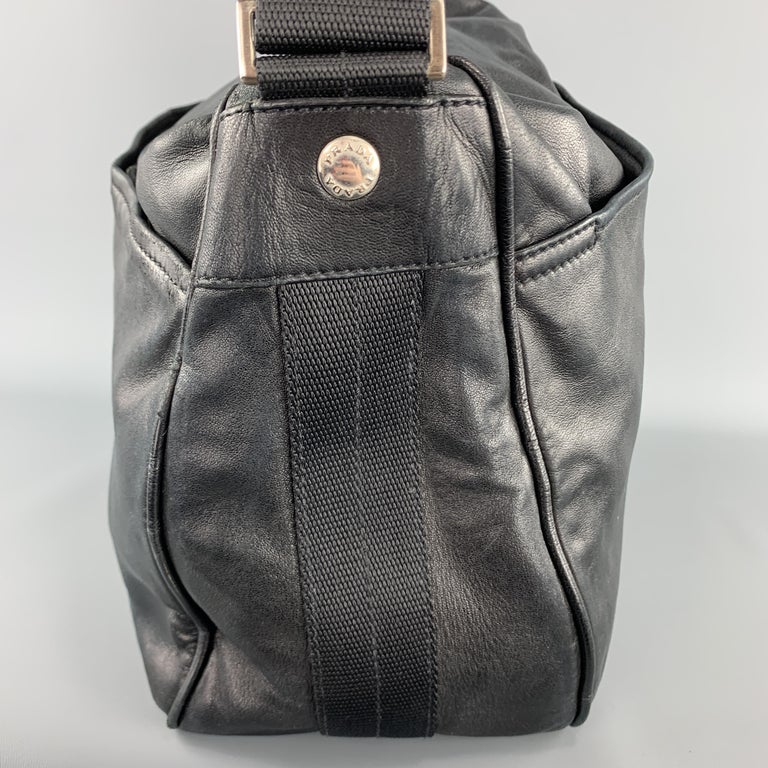 PRADA Black Leather Enamel Logo Crossbody Messenger Bag For Sale at 1stdibs