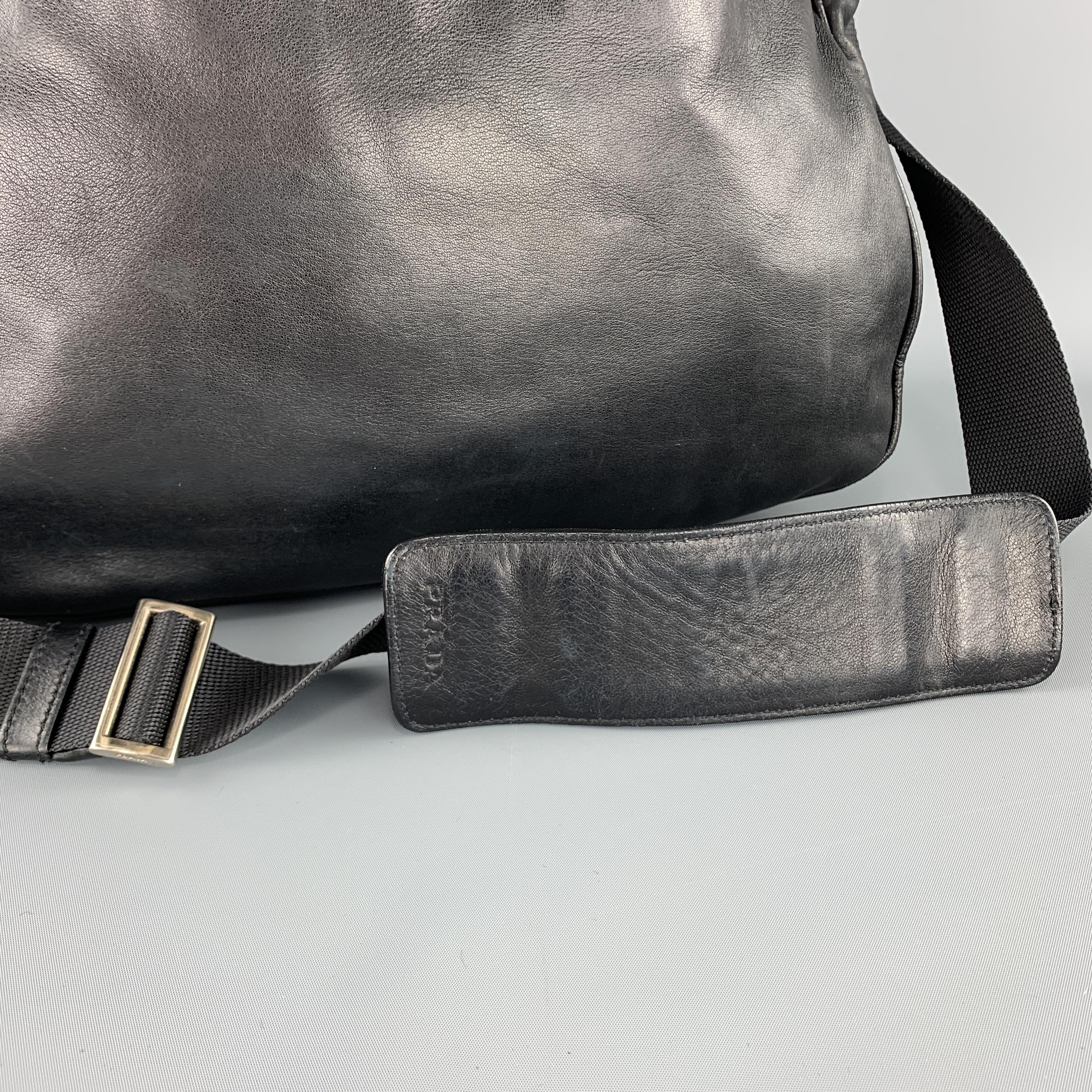 PRADA Black Leather Enamel Logo Crossbody Messenger Bag 5