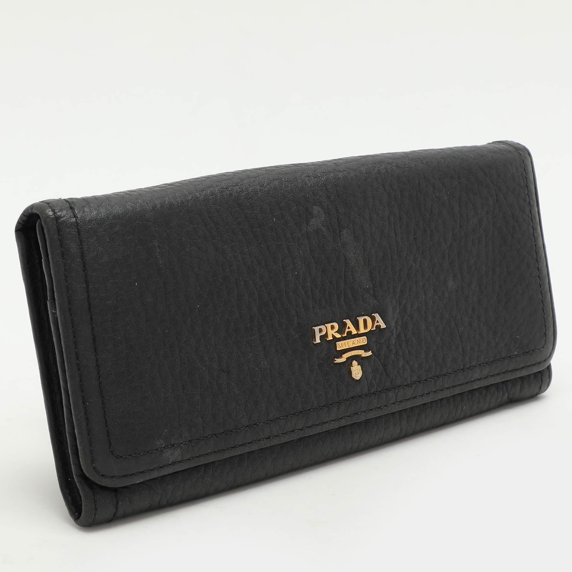 Prada Black Leather Flap Continental Wallet For Sale 2