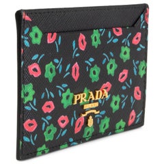 PRADA black leather FLORAL SAFFIANO Credit Card Wallet