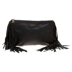 Prada Black Leather Fringe Clutch