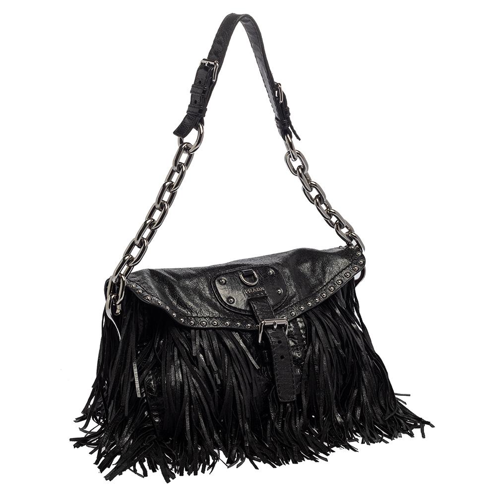 Prada Black Leather Fringe Shoulder Bag In Good Condition In Dubai, Al Qouz 2