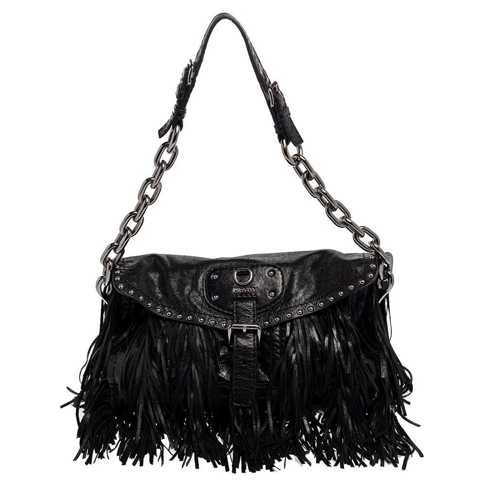 Prada Black Leather Fringe Shoulder Bag