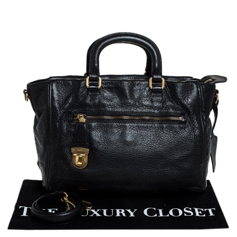 Prada Black Leather Front Pushlock Tote For Sale at 1stDibs