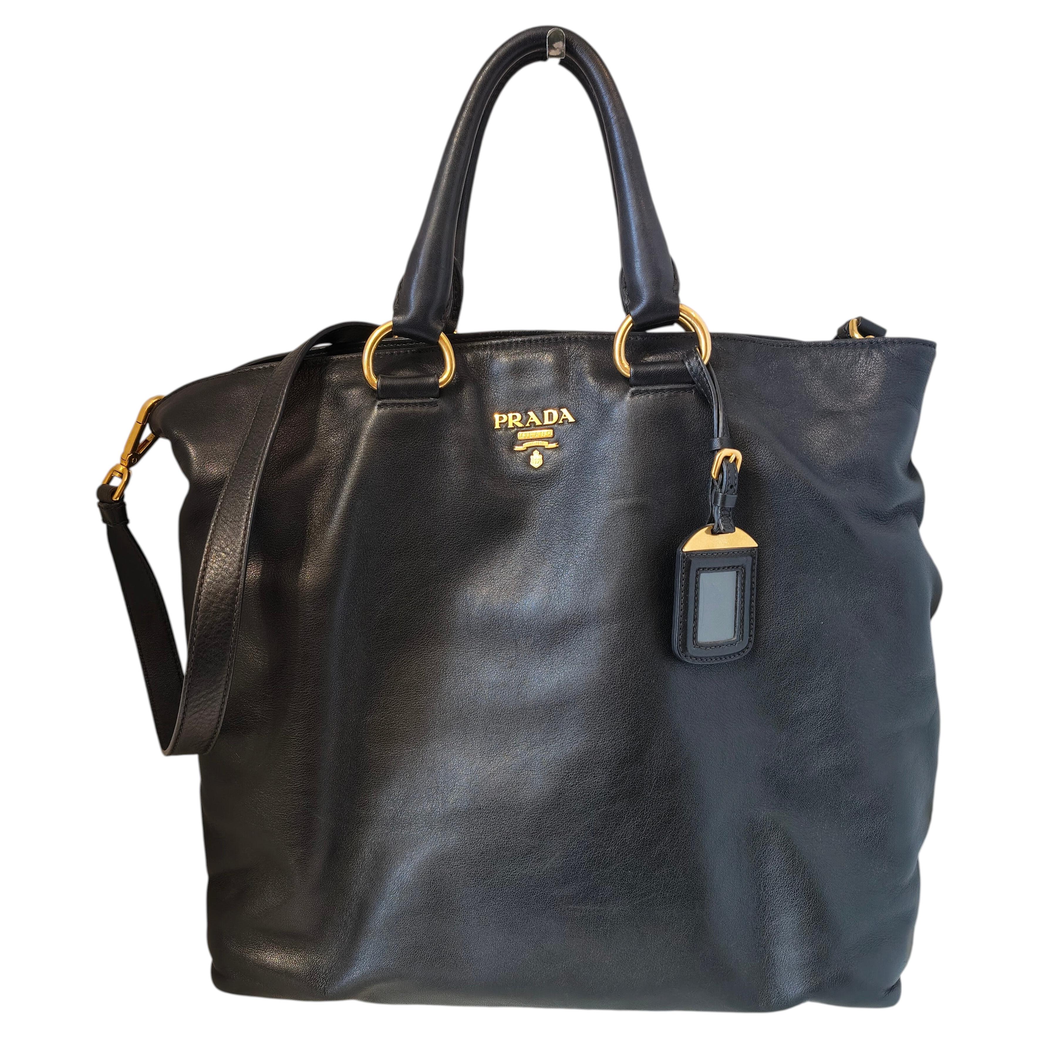Prada black leather gold hardware shoulder handle bag For Sale