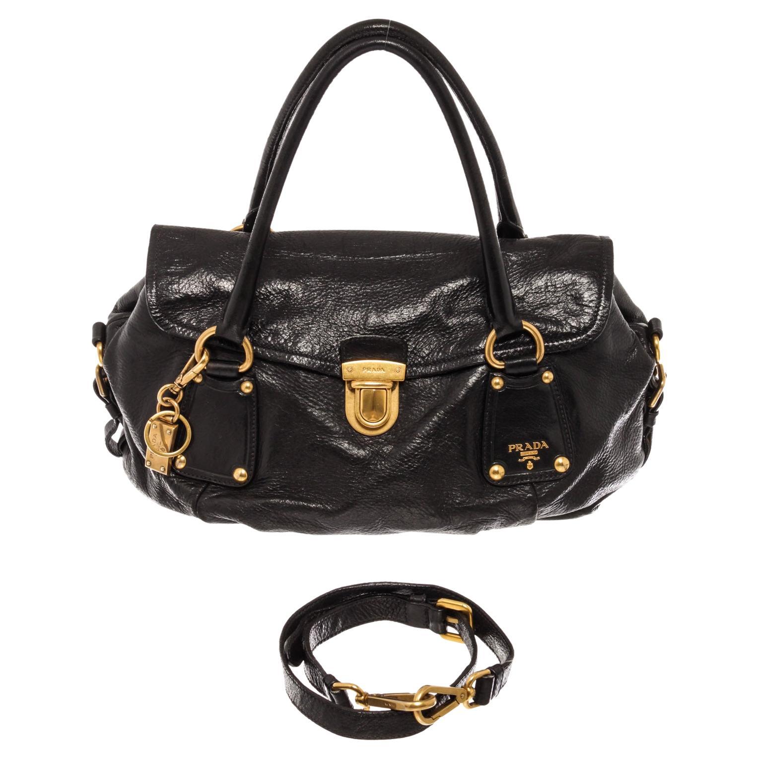 Prada Black Leather Gold-tone Push Lock 2Way Bag
