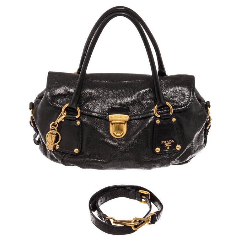 Prada Leather Shoulder Bag Gold-tone Black