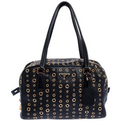 Prada Black Leather Grommet Bauletto Bag