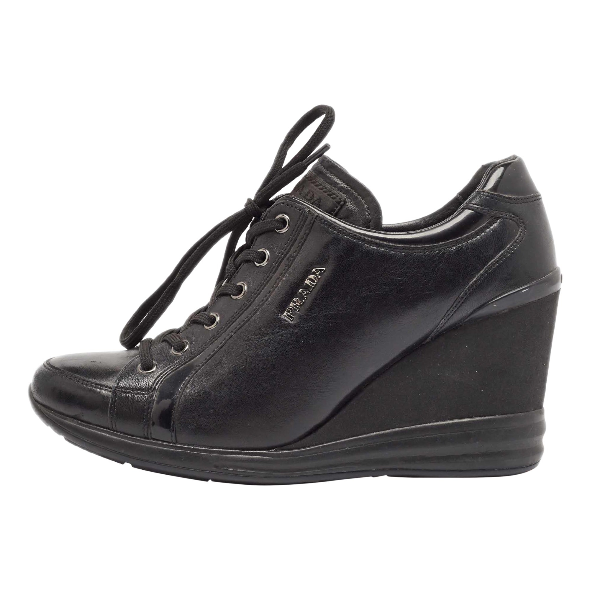 Prada Black Leather High Top Wedge Sneakers Size 39