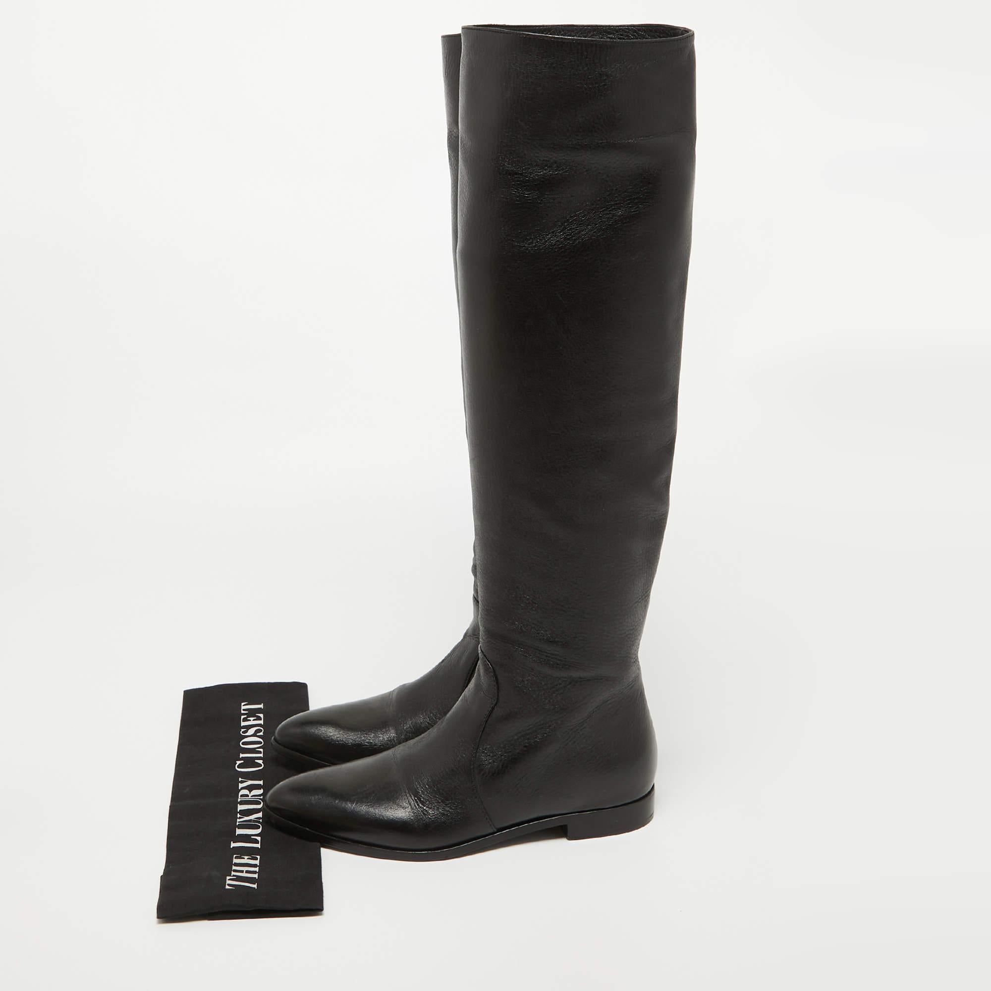 Women's Prada Black Leather Knee High Block Heel Boots Size 36 For Sale