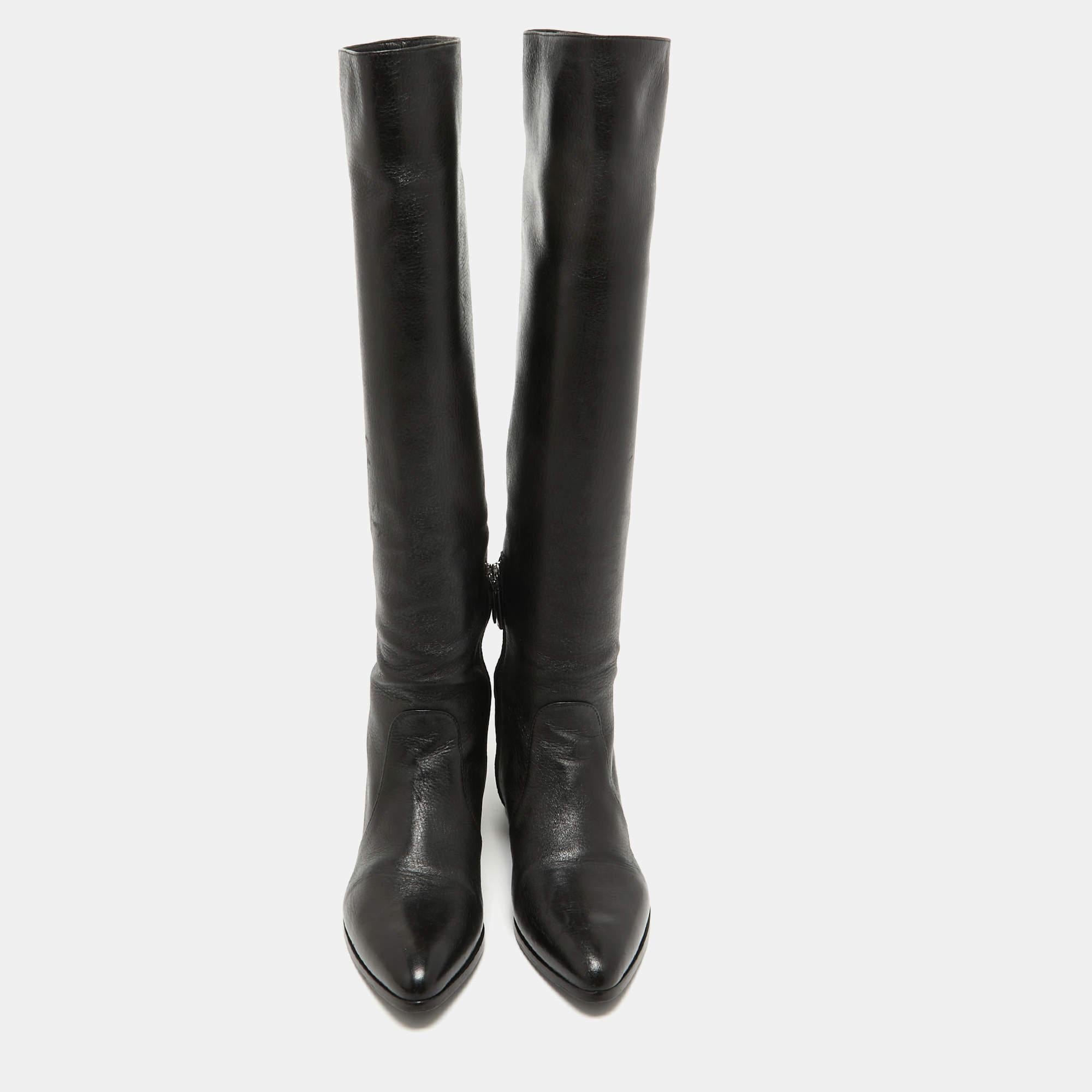Prada Black Leather Knee High Block Heel Boots Size 36 For Sale 1