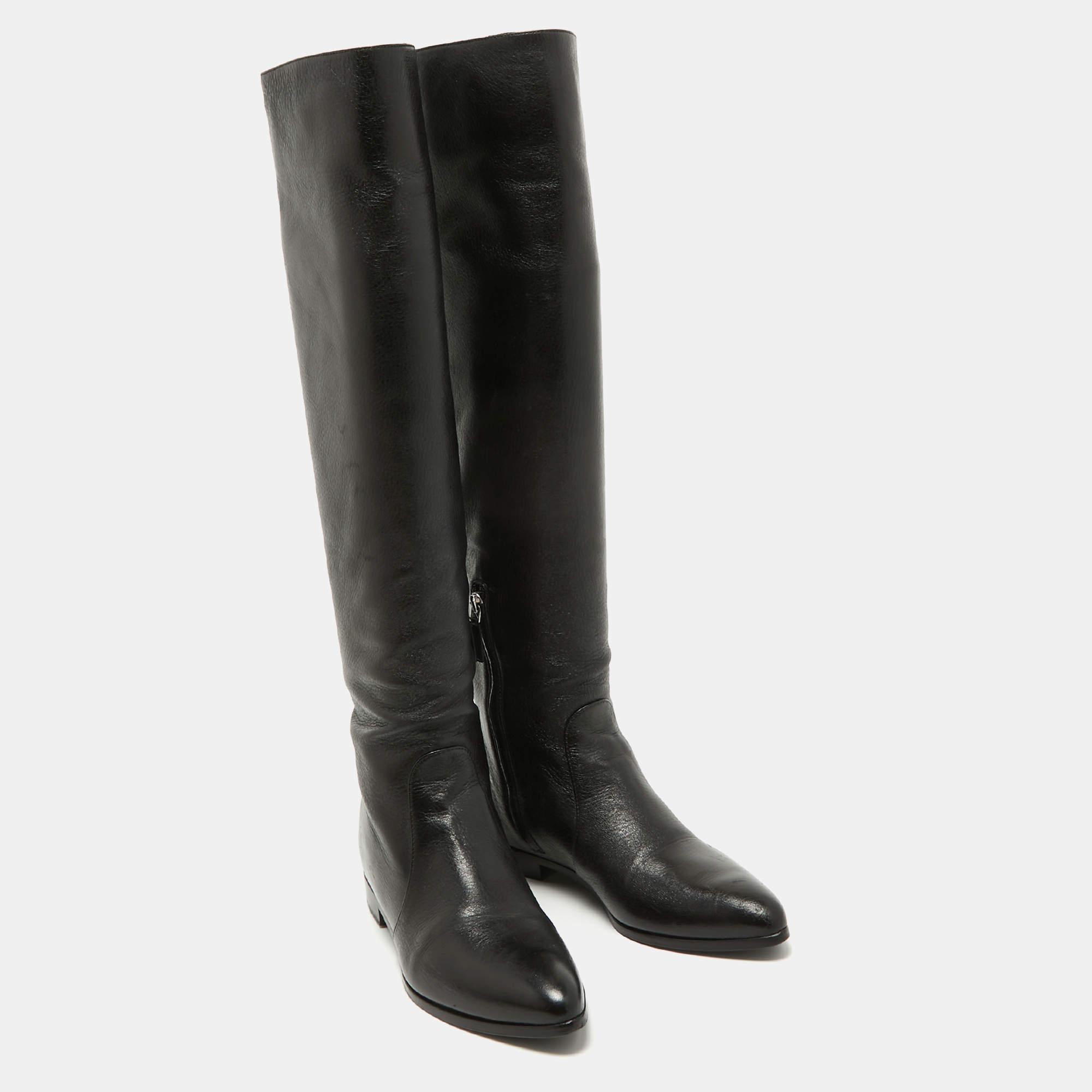 Prada Black Leather Knee High Block Heel Boots Size 36 For Sale 2