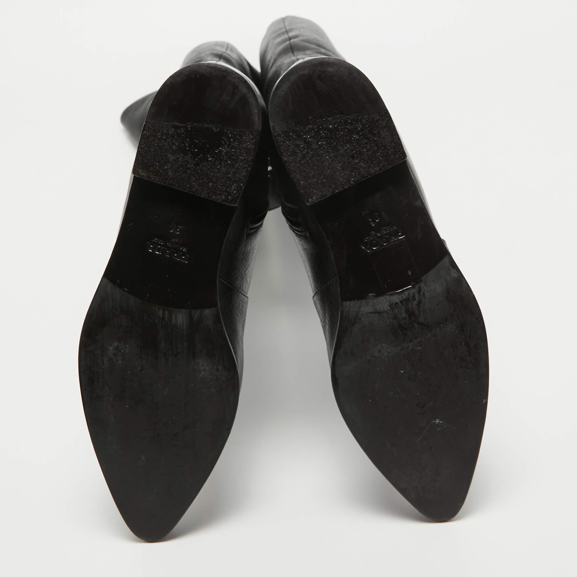 Prada Black Leather Knee High Block Heel Boots Size 36 For Sale 5