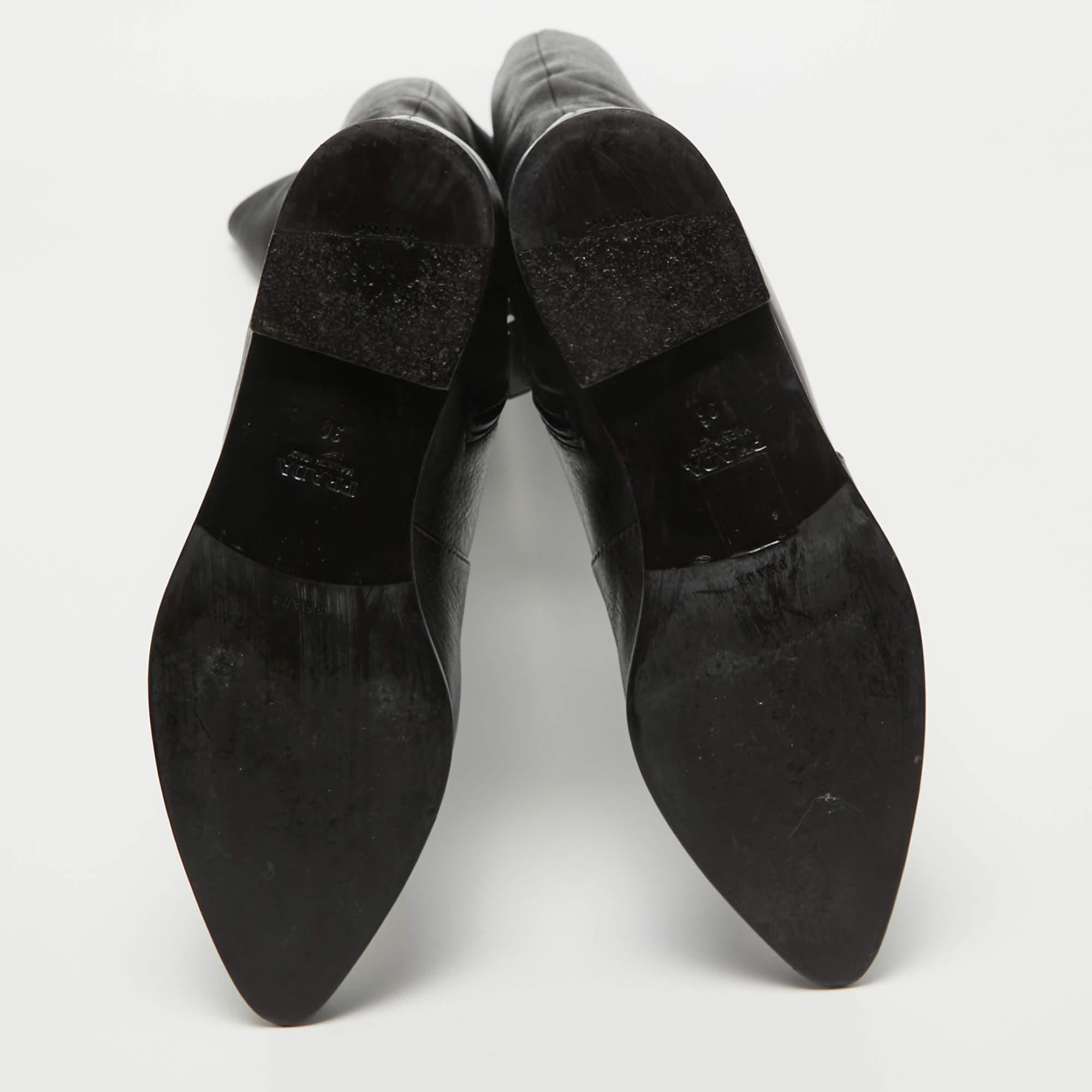 Prada Black Leather Knee High Block Heel Boots Size 36 5