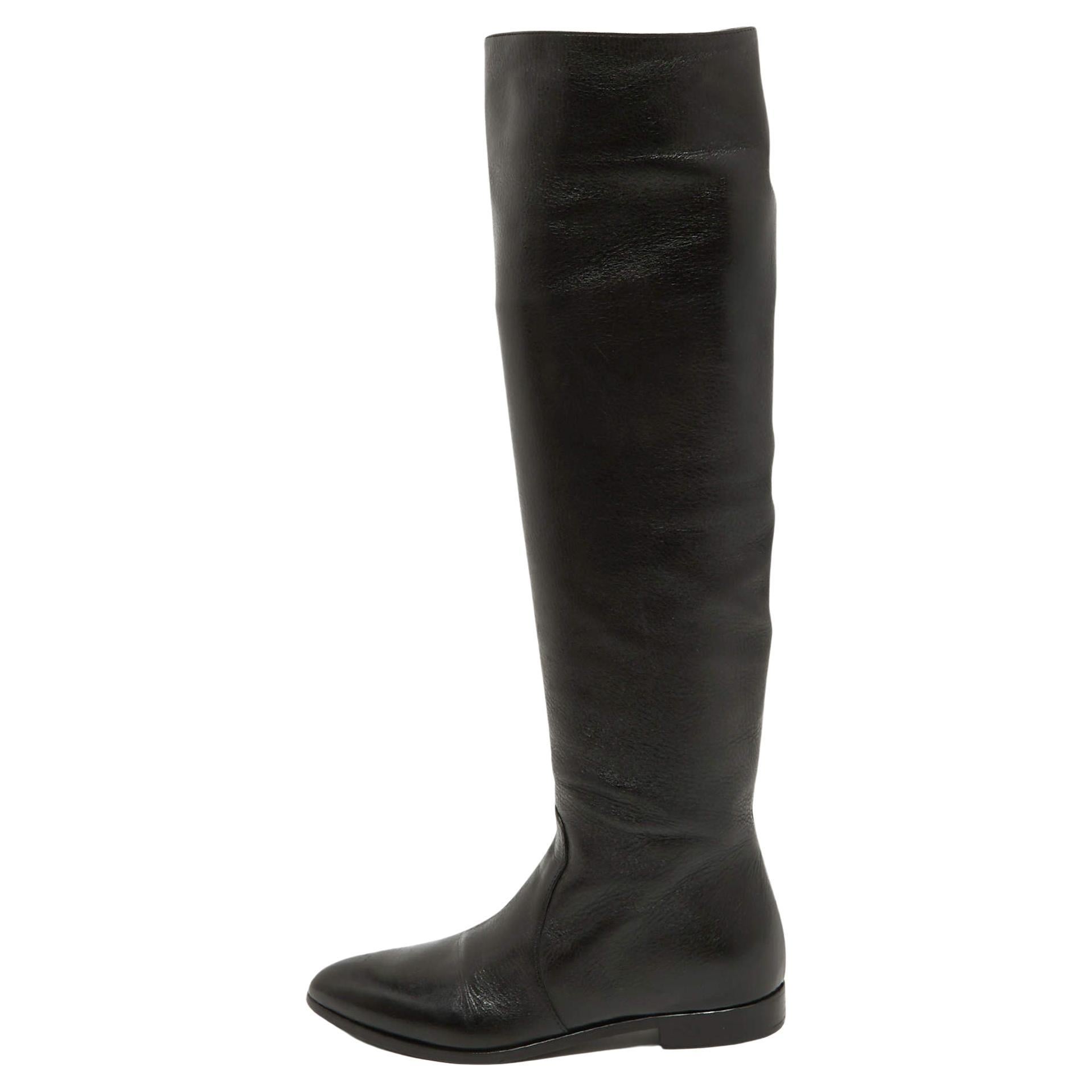 Prada Black Leather Knee High Block Heel Boots Size 36 For Sale