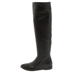 Prada Black Leather Knee High Block Heel Boots Size 36