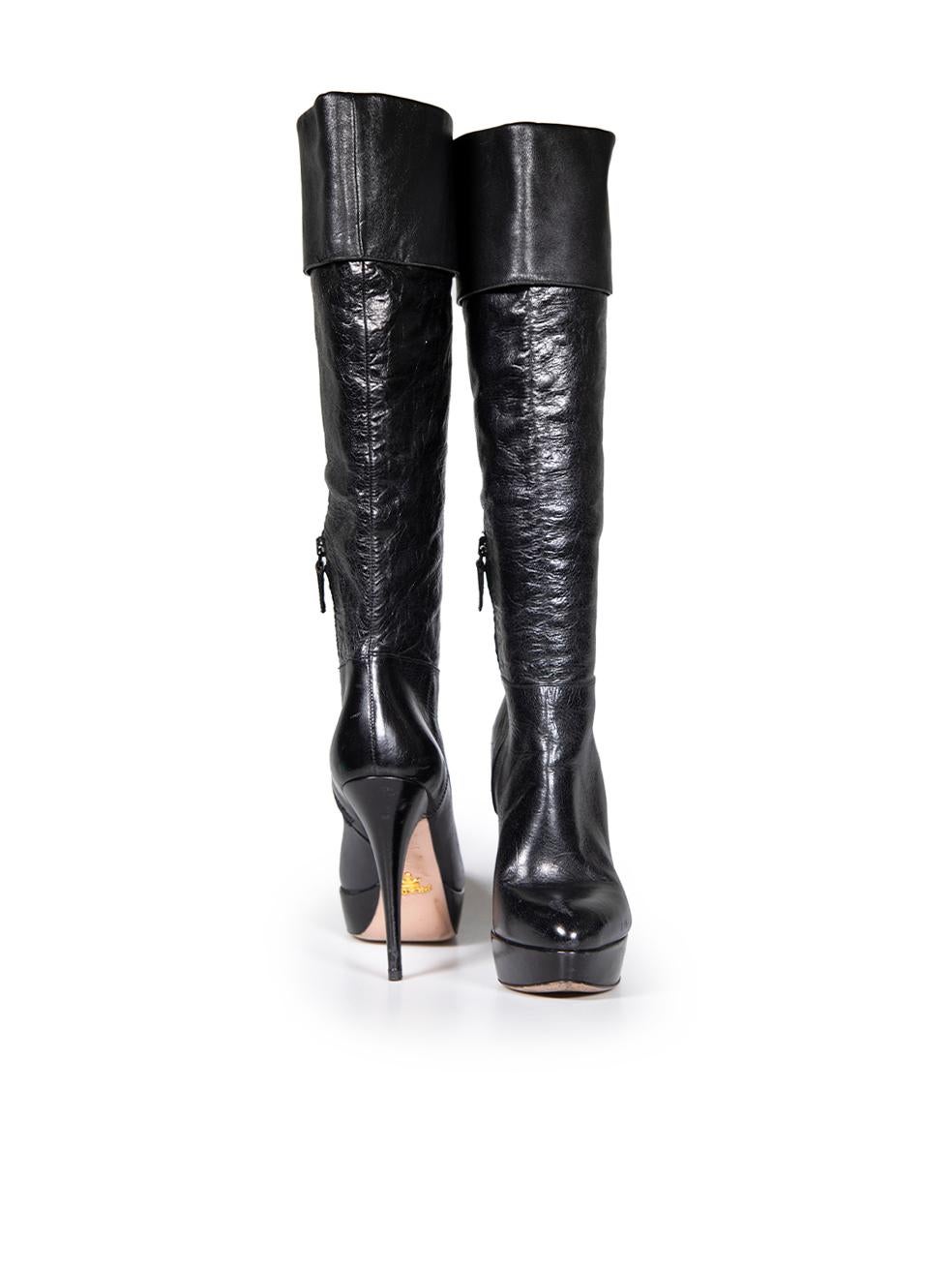 Prada Black Leather Knee High Platform Boots Size IT 36 In Good Condition For Sale In London, GB