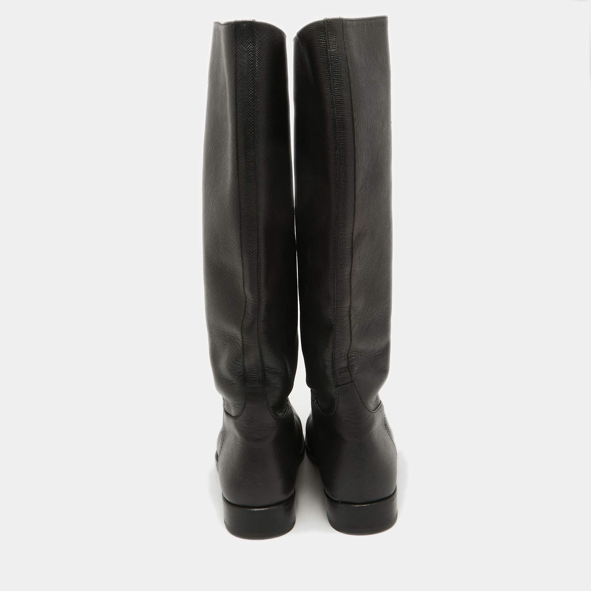 Prada Black Leather Knee Length Boots Size 39 In Fair Condition For Sale In Dubai, Al Qouz 2