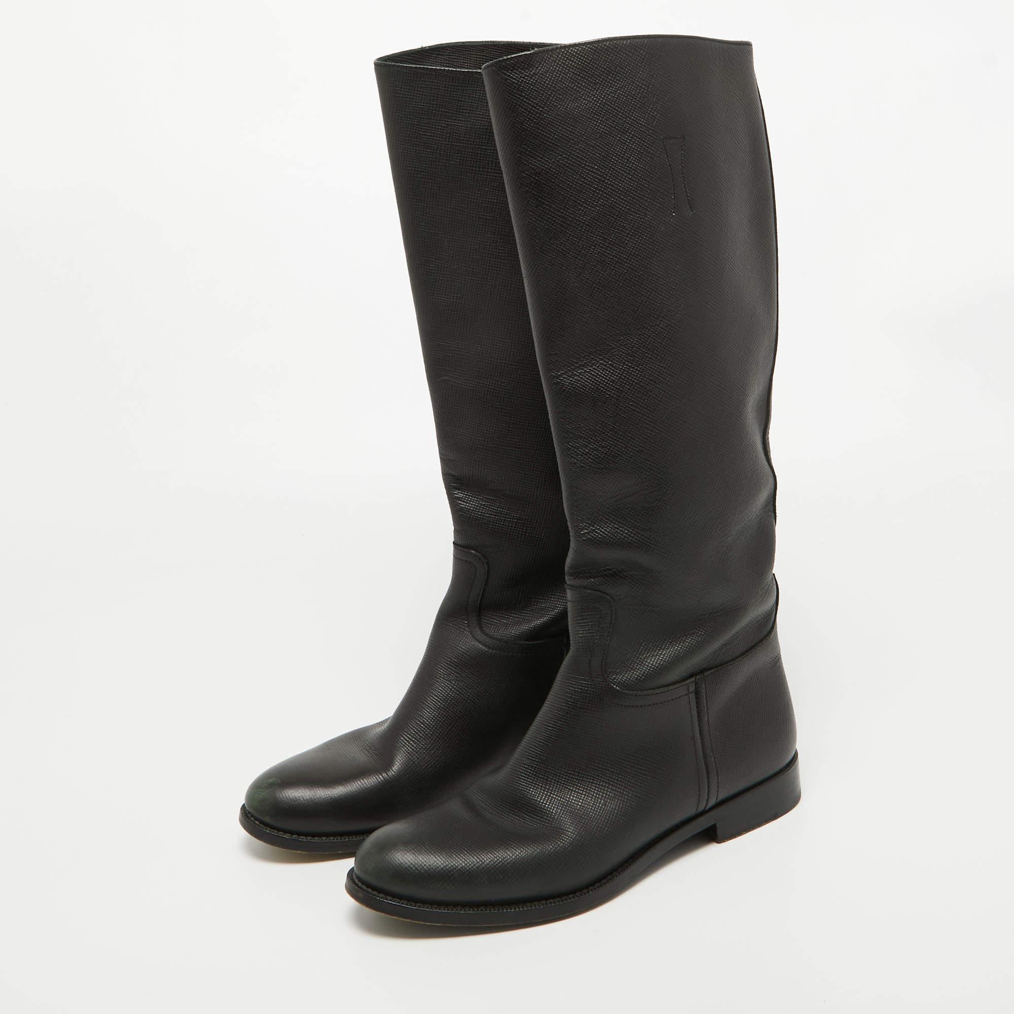 Women's Prada Black Leather Knee Length Boots Size 39 For Sale