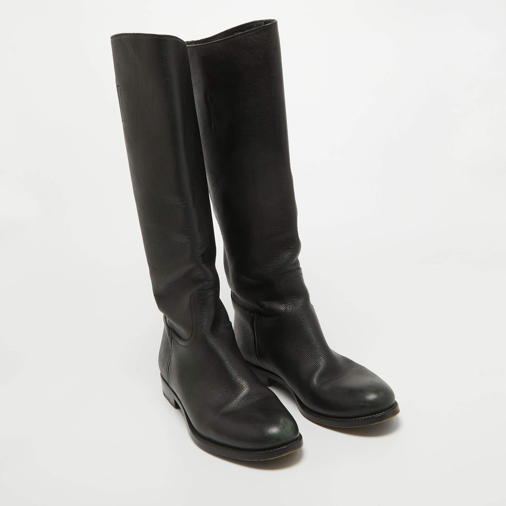 Prada Black Leather Knee Length Boots Size 39 For Sale 4