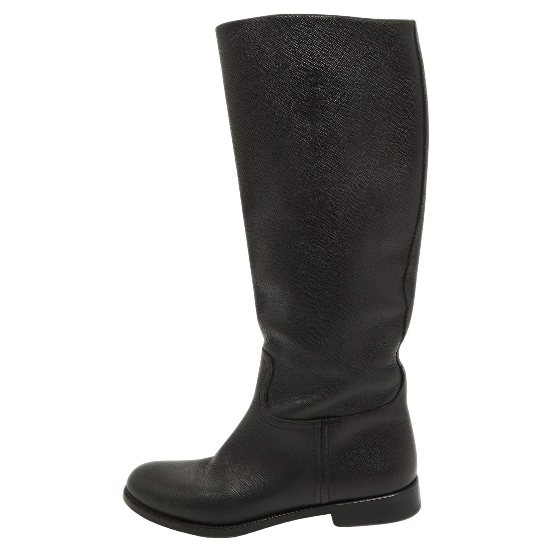 Prada Black Leather Knee Length Boots Size 39 For Sale