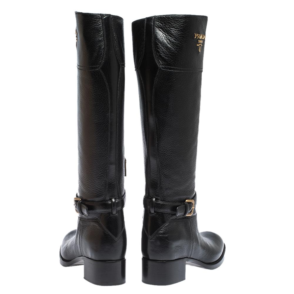 Prada Black Leather Knee Length Buckle Strap Boots Size 40 In Good Condition In Dubai, Al Qouz 2