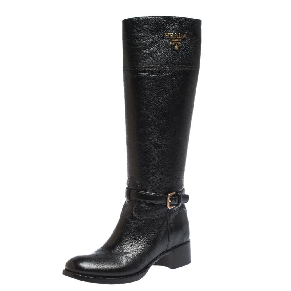 Prada Black Leather Knee Length Buckle Strap Boots Size 40 2