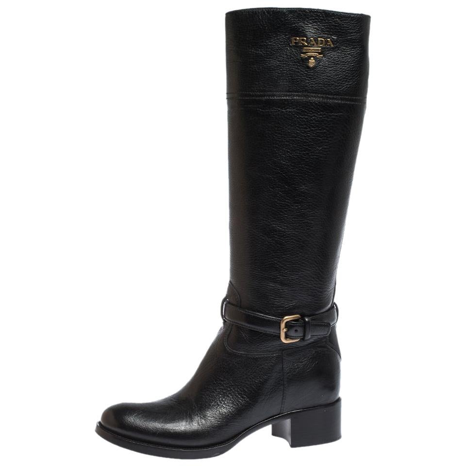 Prada Black Leather Knee Length Buckle Strap Boots Size 40