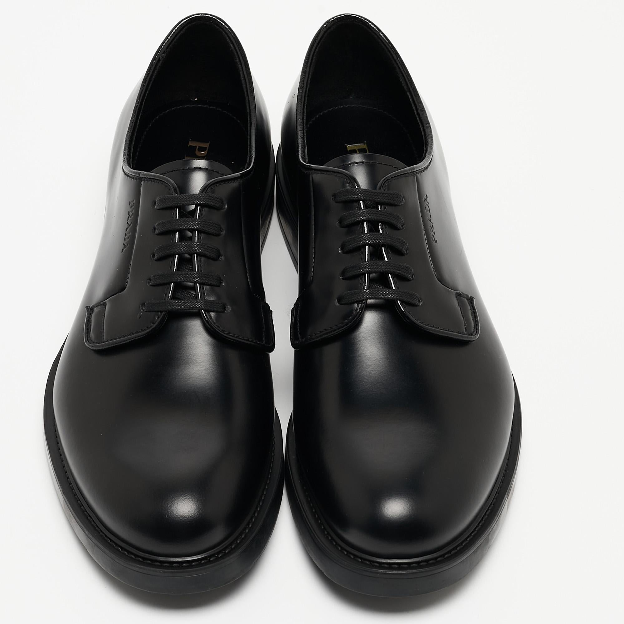 Give your outfit a luxe update with this pair of Prada derby shoes. The shoes are sewn perfectly to help you make a statement in them for a long time.

Includes
Original Box, Info Booklet