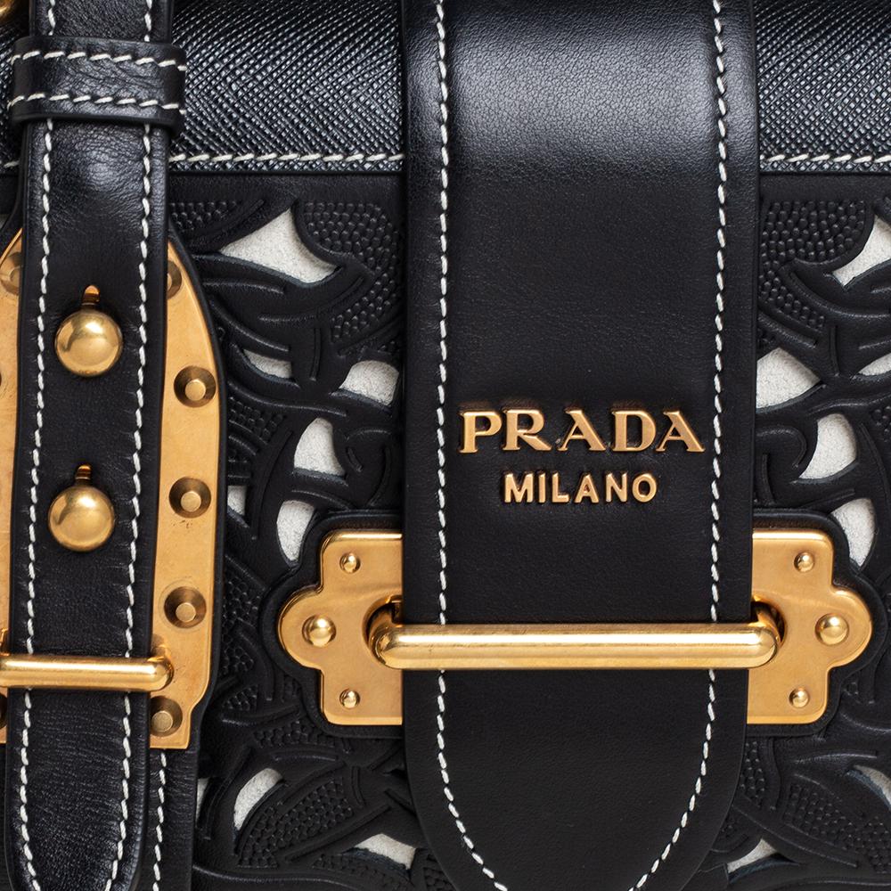 prada cahier bag black and white