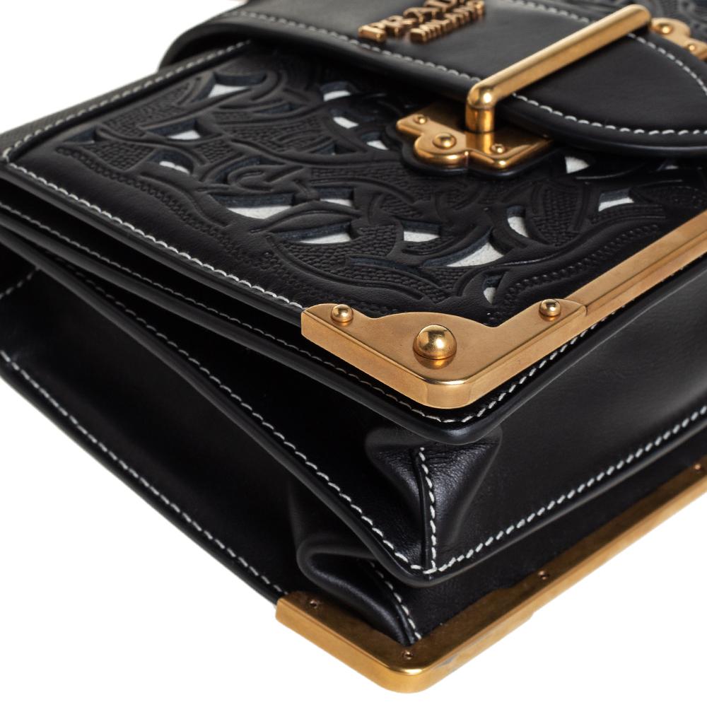 Prada Black Leather Laser Cut Cahier Shoulder Bag For Sale 2