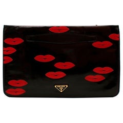 Prada Black Leather Lips Embroidered Pouch 
