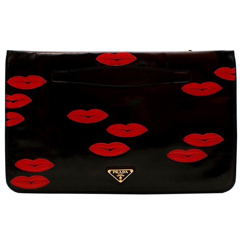 Prada Black Leather Lips Embroidered Pouch